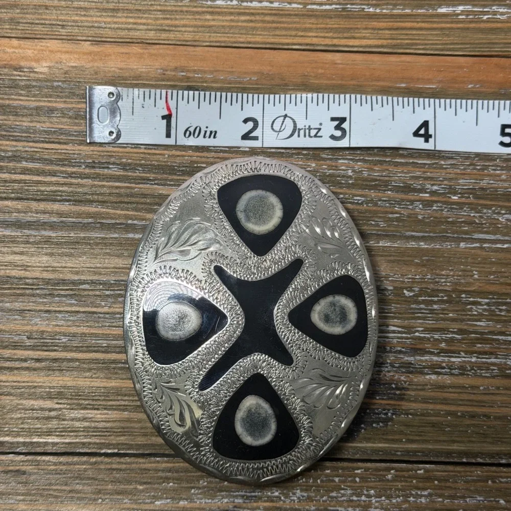 Vintage Western Belt Buckle Silver Tone Deer Antler Inlay Floral Engraved Oval